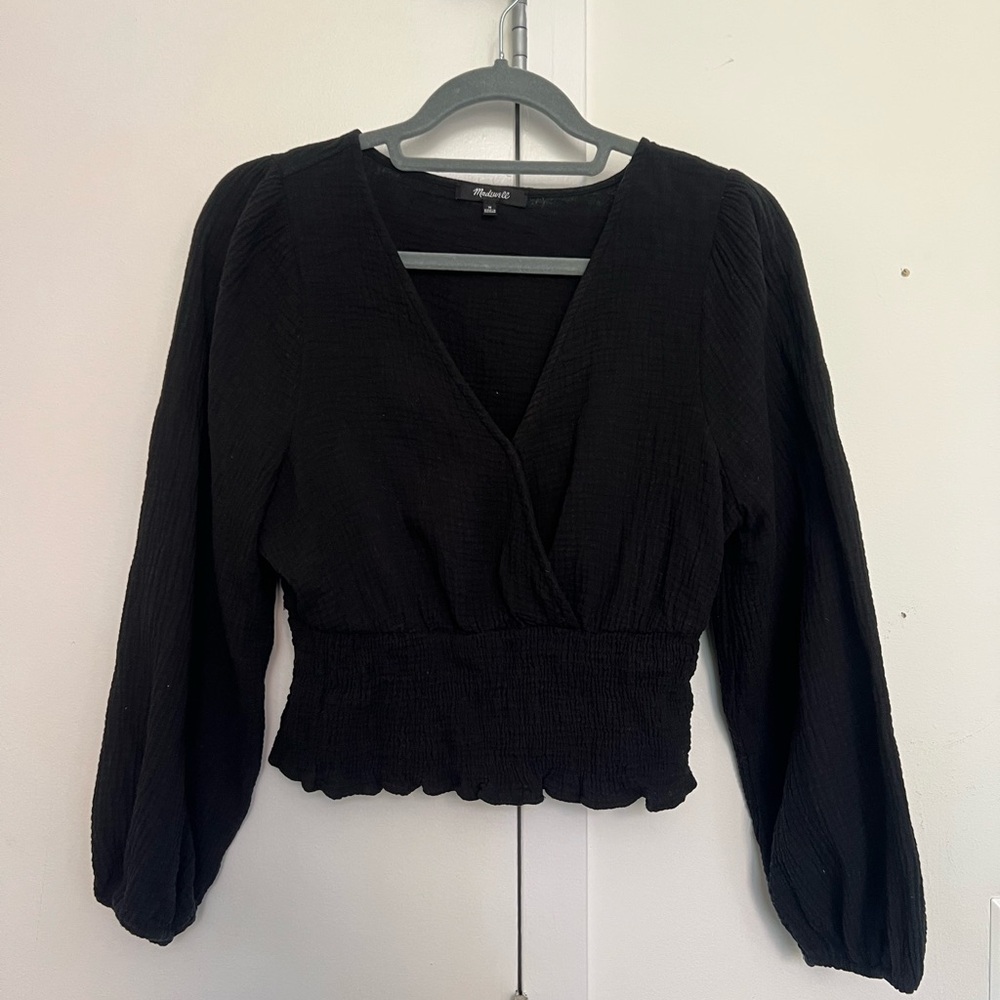 Madewell Black V-Neck Smocked Waist Top
